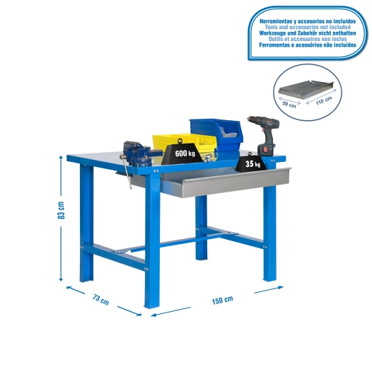 Etabli SIMONWORK BT6 METAL 1BOX 1500x735 BLEU BLEU 830x1500x730 - SIMONRACK