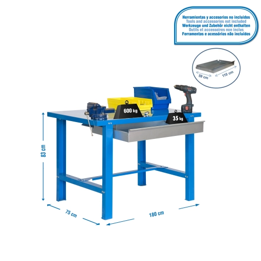 Etabli SIMONWORK BT6 METAL 1BOX 1800x735 BLEU BLEU 830x1800x730 - SIMONRACK