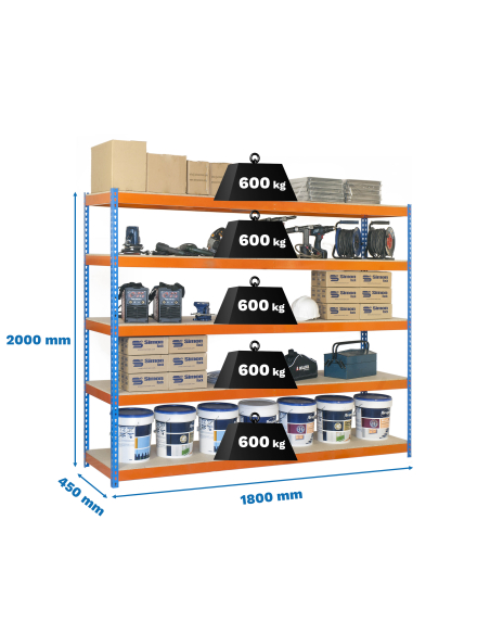 Etagère charge lourde SIMONFORTE 1804-5 CHIPBOARD BLEU/ORANGE/MADER - 2000x1800x450 600Kg - SIMONRAC