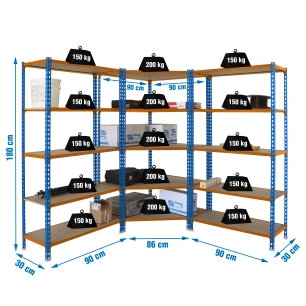 Etagère légère sans vis PACK MADERCLICK CORNER 5/300 +2 MADER 5/300 A/ORANG/M BLEU/ORANGE/BOIS 1800x1800x300 - SIMONRACK