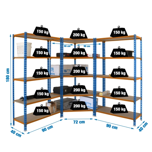 Etagère légère sans vis PACK MADERCLICK CORNER 5/400 +2 MADER 5/400 A/ORANG/M BLEU/ORANGE/BOIS 1800x1800x400 - SIMONRACK