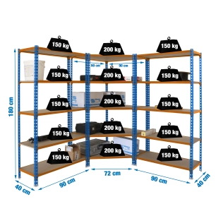 Etagère légère sans vis PACK MADERCLICK CORNER 5/400 +2 MADER 5/400 A/ORANG/M BLEU/ORANGE/BOIS 1800x1800x400 - SIMONRACK