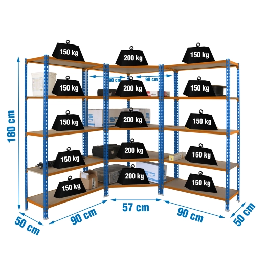 Etagère légère sans vis PACK MADERCLICK CORNER 5/500 +2 MADER 5/500 A/ORANG/M BLEU/ORANGE/BOIS 1800x1800x500 - SIMONRACK