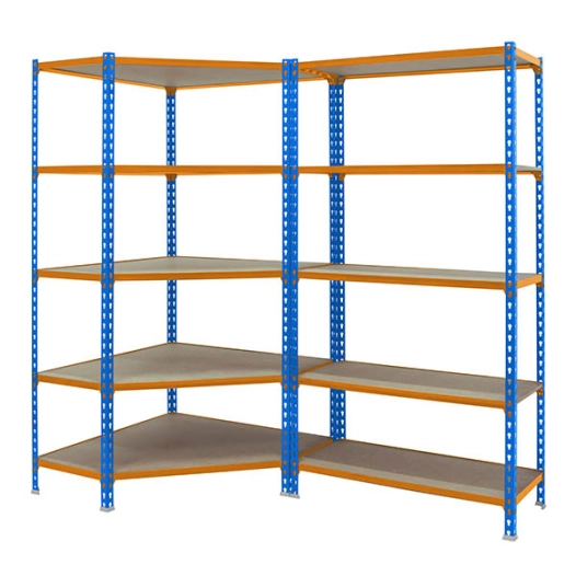 Etagère légère sans vis PACK MADERCLICK CORNER 5/300 + MADER 5/300 BLEU/ORANG/BOIS BLEU/ORANGE/BOIS 1800x1800x300 - SIMONRACK