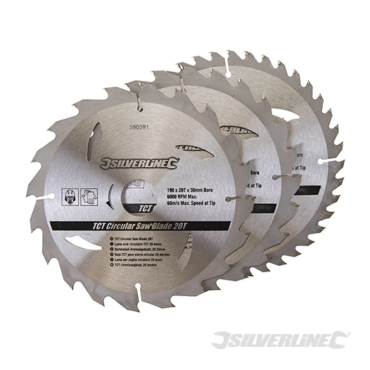 Silverline - Lot de 3 lames TCT pour scie circulaire : 20, 24 et 40 dents - 190 x 30 mm - bague de réduction 25, 20 mm