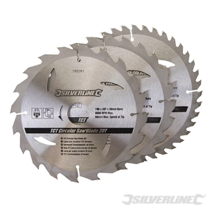 Silverline - Lot de 3 lames TCT pour scie circulaire : 20, 24 et 40 dents - 190 x 30 mm - bague de réduction 25, 20 mm