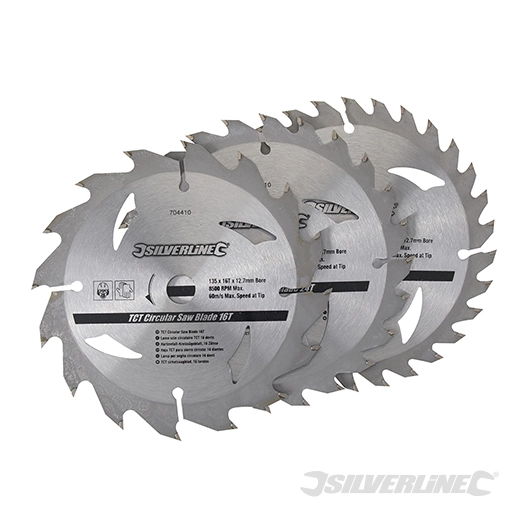 Silverline - Lot de 3 lames TCT pour scie circulaire : 16, 24 et 30 dents - 135 x 12,7 - Bague de réduction de 10 mm