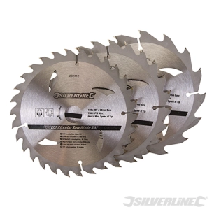 Silverline - Lot de 3 lames TCT pour scie circulaire : 16, 24 et 30 dents - 150 x 20 - Bagues de réduction de 12,75 et 16 mm