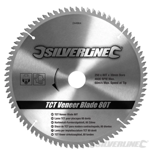 Silverline - Lame TCT pour placages 80 dents - 250 x 30 - Bagues de 16 20 et 25 mm