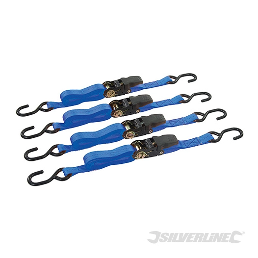Silverline - Sangles d'arrimage à cliquet avec crochet S et poignée caoutchoutée, 4 pcs - 4 m x 25 mm - Testé 350 kg, Rupture 70