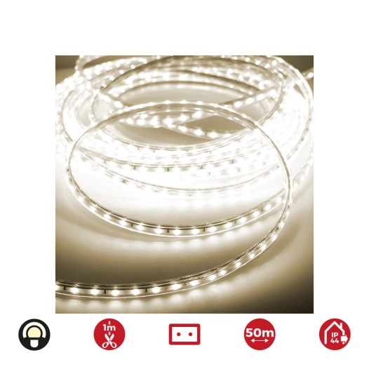 Bobine Ruban Led 50m. 60 Leds/M 4,2w/M Blanc Chaud 3.200k Edm 220v-240v (USAGE Intériur Extérieur) Ip44