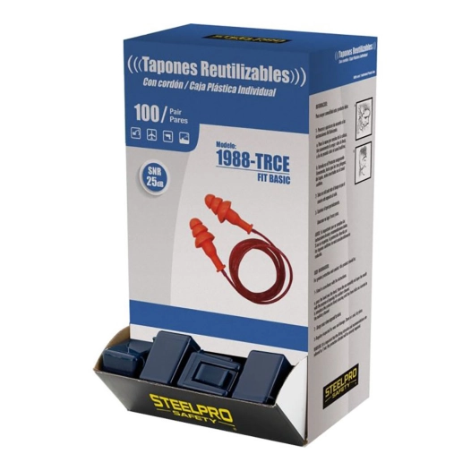 S.Of. Affichage 100u Bouchon D'oreille De Base Réutilisable Avec Cordon Snr 25 Db Avec Boîte De Rangement. 1988trcen/U Steelpro