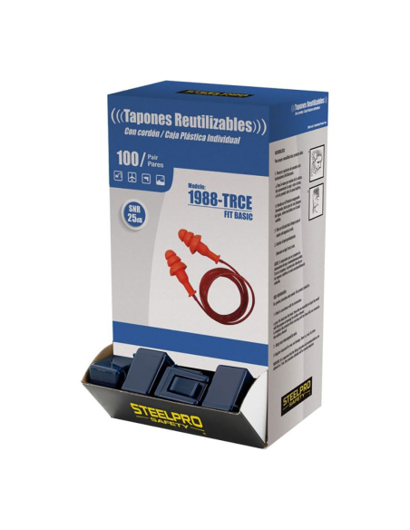 S.Of. Affichage 100u Bouchon D'oreille De Base Réutilisable Avec Cordon Snr 25 Db Avec Boîte De Rangement. 1988trcen/U Steelpro