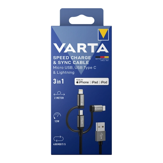 Câble Usb A 3 En 1 - Éclairage - Micro Usb - Type C Varta