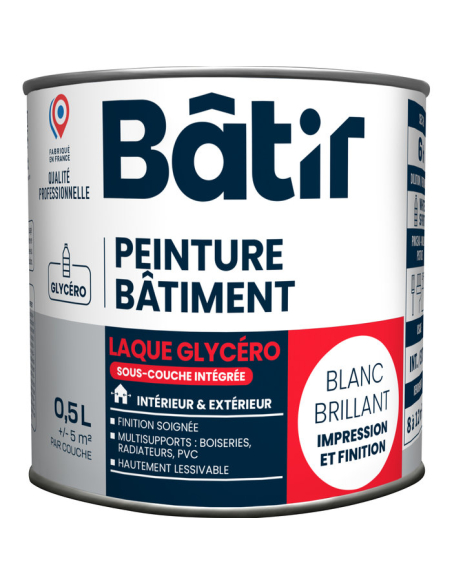 Laque Brillante Multi-Supports 0.5L Blanc Finition brillante, multi-support, blanche éclatante - Batir Peintures