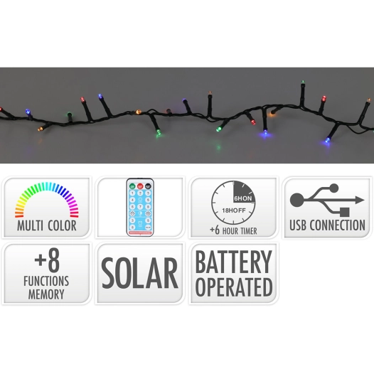guirlande led 8 fonctions twinking multicolore, ip44, solaire. basics