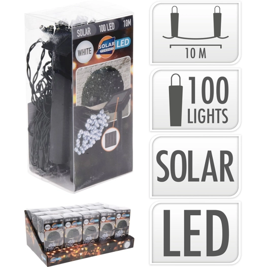 guirlande led, blanc chaud, ip44, 100 leds, solaire, 10m. basics