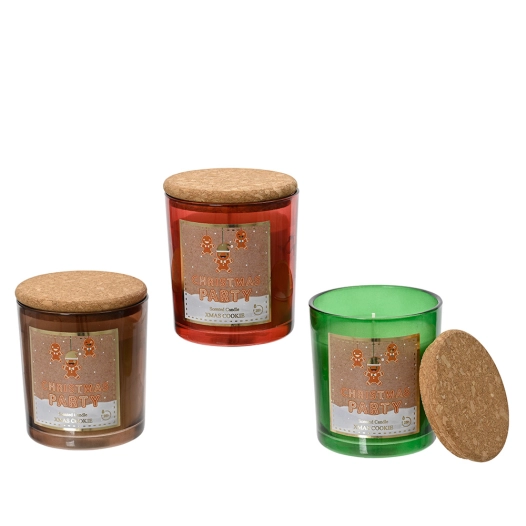 2 bougie en cire dans un vase décoratif en verre avec couvercle en liège, 3 modèles. basics