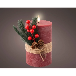 bougie en cire led rouge, surface rustique avec branche, ø10x18cm. lumineo