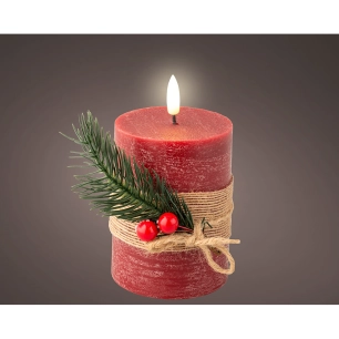 bougie en cire led rouge, surface rustique avec branche, ø7,5x13cm. lumineo