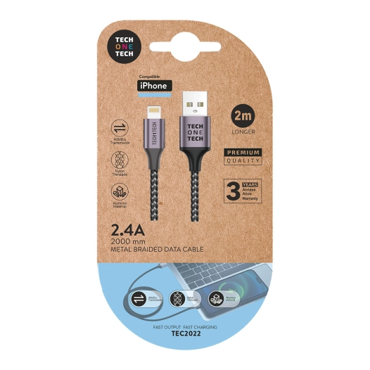 câble nylon gris 2m c/usb-a vers lightning, pomme. 2.4a. tech one tech
