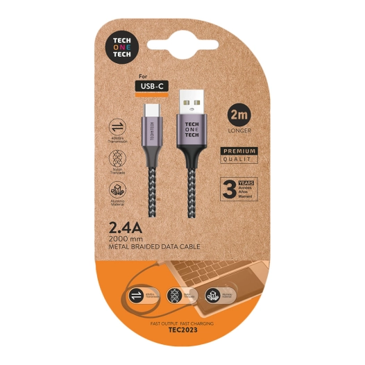 câble en nylon gris 2m c/usb-a vers usb-c. 2.4a. tech one tech