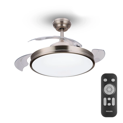 ventilateur de plafond à led modèle atlas. couleur nikel. puissance: 28+35w palmes: ø106cm avec télécommande philips