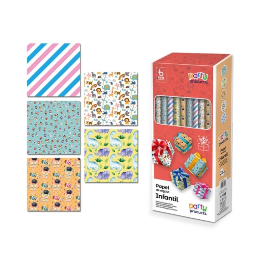 papier cadeaux assortiment, 5 modèles enfants, 70x100cm (vente seulement boîte 50 unité)