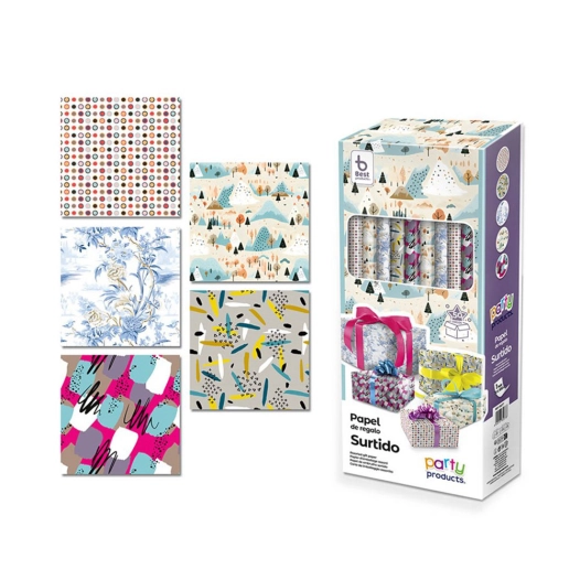 papier cadeaux assortis, 5 modèles, 70x100cm (vente seulement boîte 50 unité)