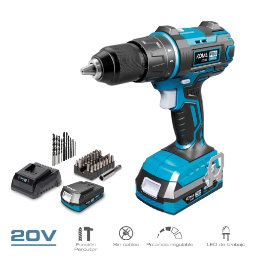 kit perceuse/visseuse 20v avec 2 batteries 2.0a et chargeur de batterie 22,5x20,3cm pro series koma tools