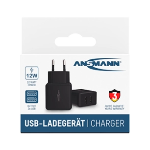 chargeur usb 2 connexions hc212 pour prise secteur de 100 à 240 v ac - 12 w. tension de sortie : 5 v dc . courant de charge max: