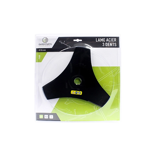 lame acier 3 dents évidées pour débroussailleuse, dimensions coupe: 255mm, alésage: 25,4mm, ep: 2,0mm. (sous coque).