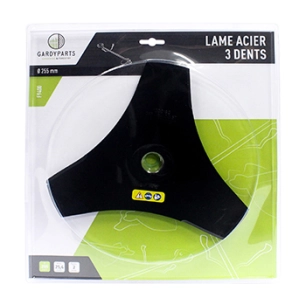 lame acier 3 dents évidées pour débroussailleuse, dimensions coupe: 255mm, alésage: 25,4mm, ep: 2,0mm. (sous coque).