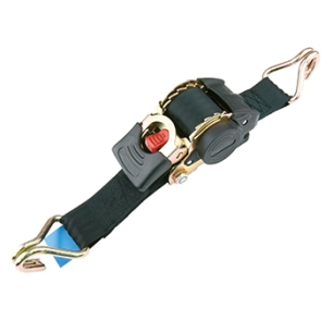 sangle à cliquet pour arrimage. avec réenroulement automatique. 3 m x 25 mm. crochet en j. capacité 250 kg.