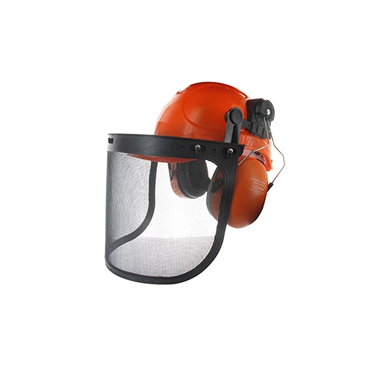 casque pour travaux de tronçonnage comprenant casque (en397), anti-bruit 30 db (en352-3) et visière grillagée (en1731 s) avec pr