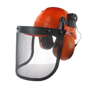 casque pour travaux de tronçonnage comprenant casque (en397), anti-bruit 30 db (en352-3) et visière grillagée (en1731 s) avec pr