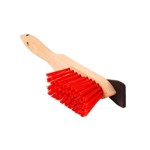 brosse de nettoyage pour robot de tonte. brosse dure et raclette. manche en bois.