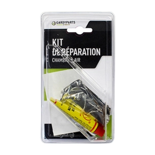 kit réparation pour chambre à air shak comprenant 4 rustines de diamètre 20mm et 1 rustine de 45x25mm, avec colle et abrasif.