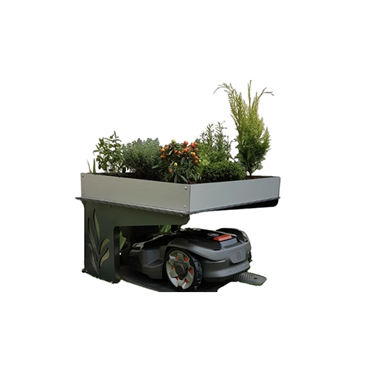 abri pour tondeuse robot protect life avec couverture végétalisable. base et pieds intérieurs inox et matériaux composites recou