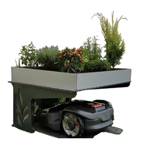 abri pour tondeuse robot protect life avec couverture végétalisable. base et pieds intérieurs inox et matériaux composites recou