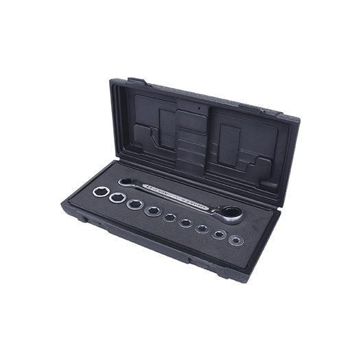 coffret à douilles 6 pans avec cliquet réversible. s'utilise comme une clé standard. livré avec 9 douilles 8 - 9 - 10 - 11 - 12