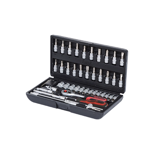 coffret de douilles métriques 6 pans. jeu de 46 pièces. composition des douilles: 3 douilles tournevis plat: 4 - 5,5 - 7 mm, 3 d