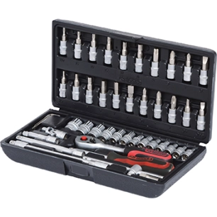 coffret de douilles métriques 6 pans. jeu de 46 pièces. composition des douilles: 3 douilles tournevis plat: 4 - 5,5 - 7 mm, 3 d