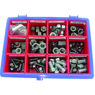 coffret de 120 vis et écrous pour renvoi d'angle et flexible de débroussailleuses. assortiment de 12 références (et 10 pièces pa