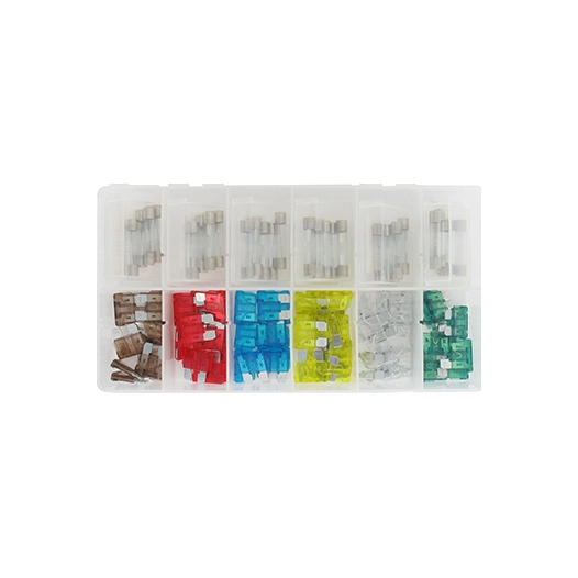 coffret de fusibles divers de type atc, sfe et agc (12 modèles). composé d'un assortiment de 90 pièces.