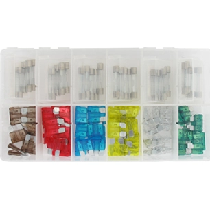 coffret de fusibles divers de type atc, sfe et agc (12 modèles). composé d'un assortiment de 90 pièces.