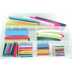 coffret composé d'un assortiment de 127 manchons de couleur en gaine thermorétractable de ø: 1,6mm à 12,7mm et de longueur: de 3