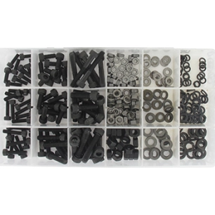 coffret de vis 6 pans creux en pas métrique avec écrous & rondelles contient 360 pièces.