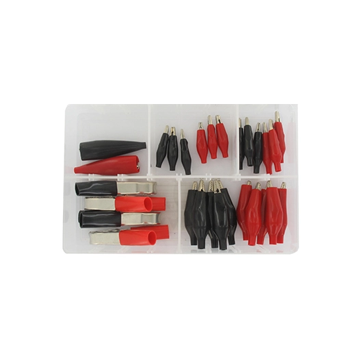 coffret de 22 pinces électriques de couleur rouge et noire type alligator.