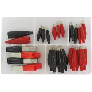 coffret de 22 pinces électriques de couleur rouge et noire type alligator.